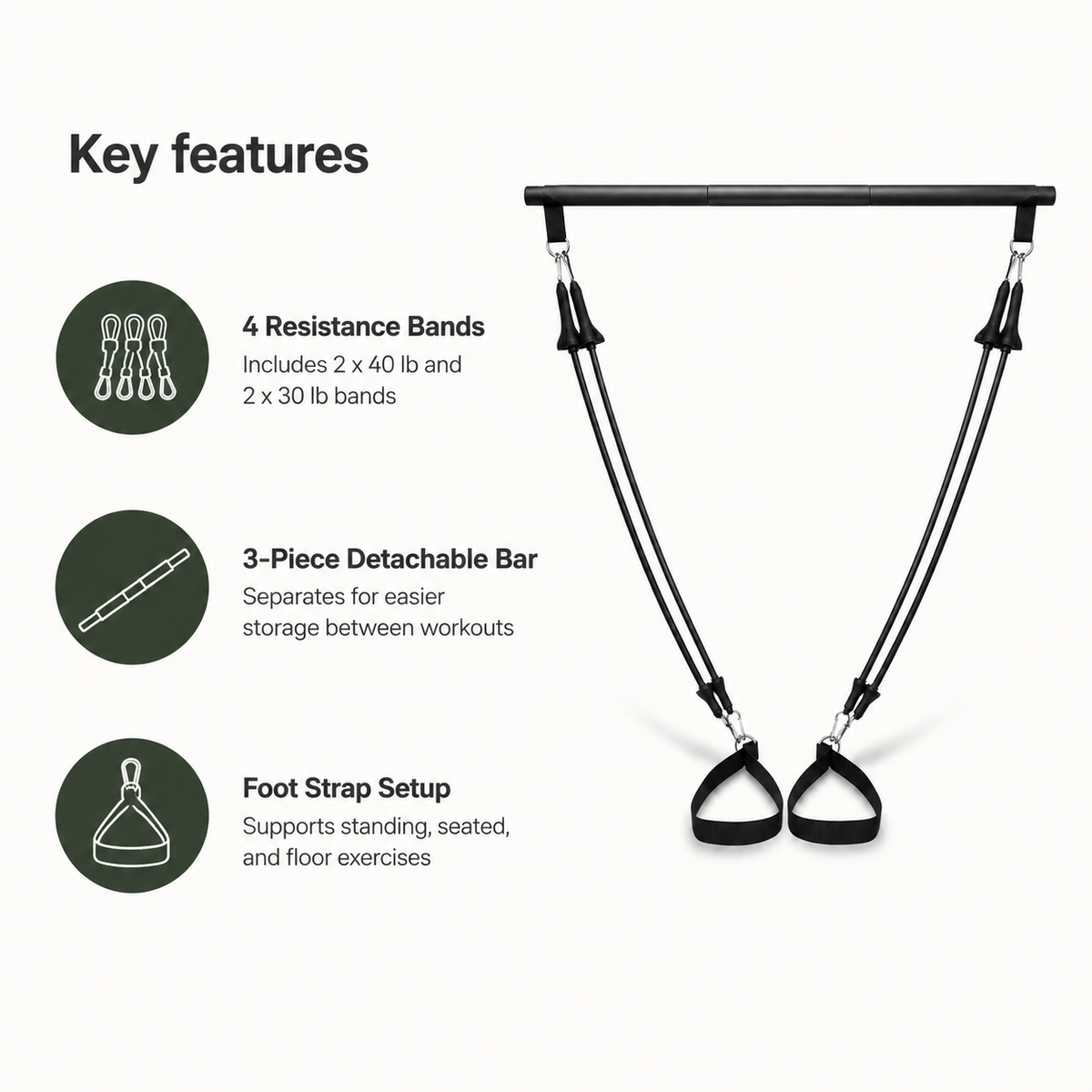 Pilates Bar Kit with 4 Resistance Bands, Portable 3-Piece Workout Bar for Full-Body Home Training
