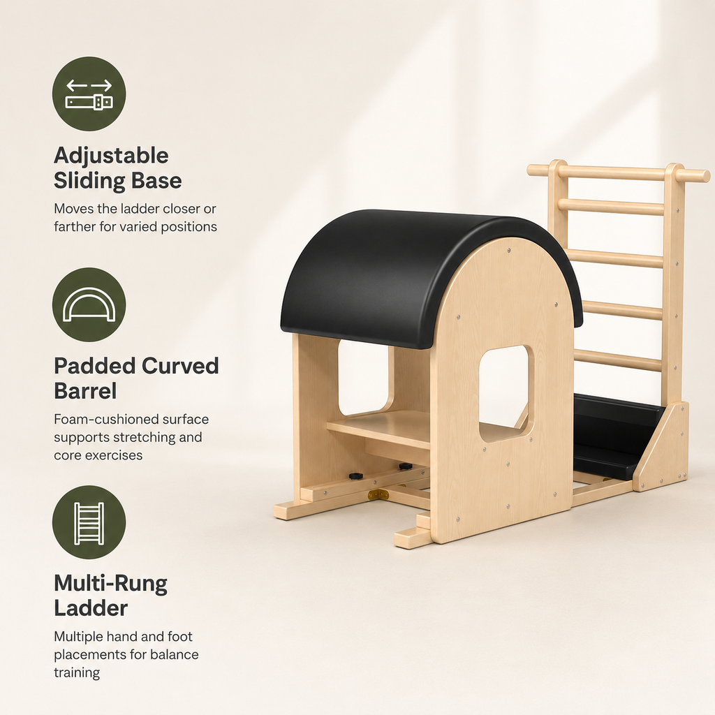 Pilates Ladder Barrel with Adjustable Sliding Base, Padded Barrel for Core Strength, Balance & Stretching