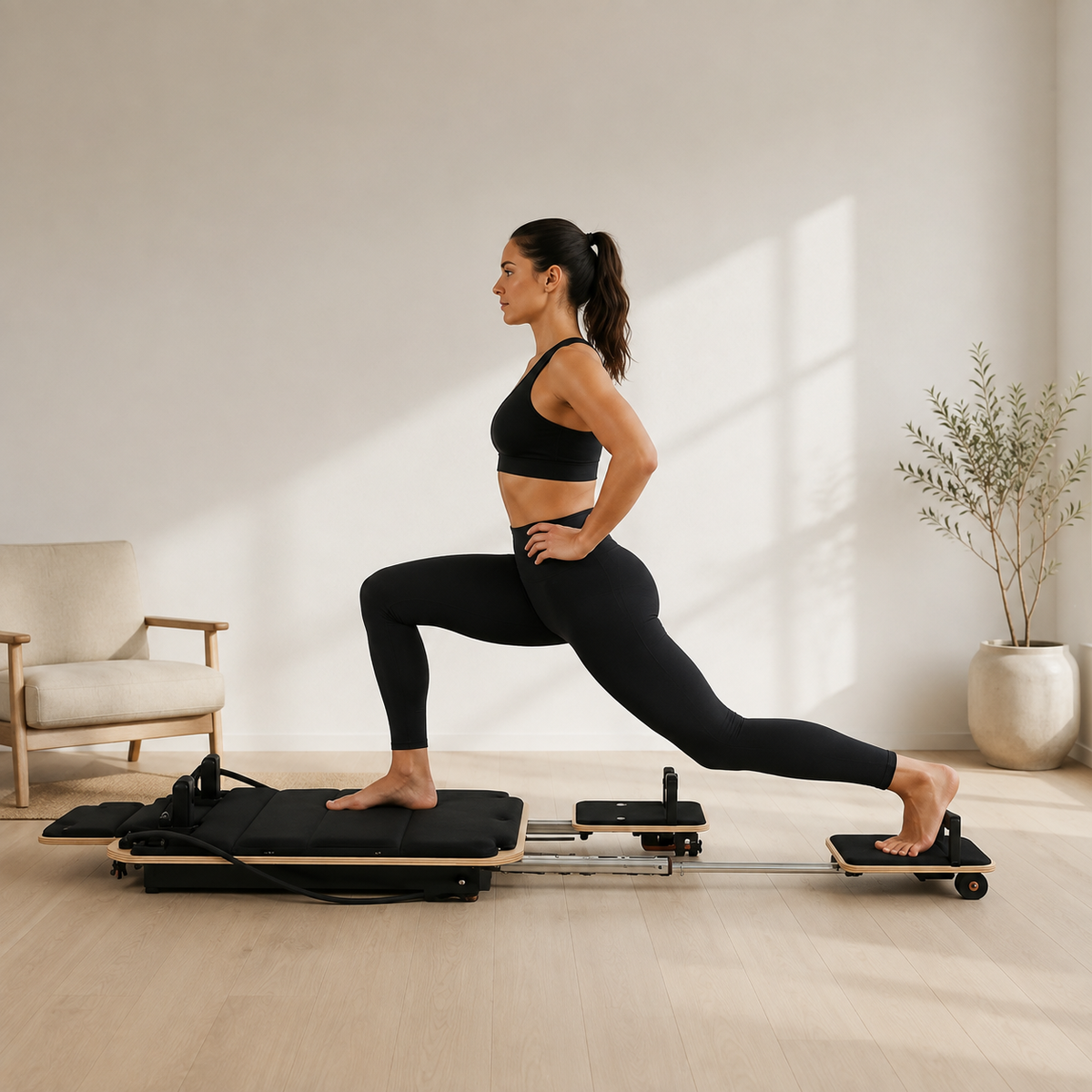 Pilates Reformer Board with Wooden Deck, Steel Sliding Rails, Dual Glide Foot Pads & 2 Adjustable Resistance Bands