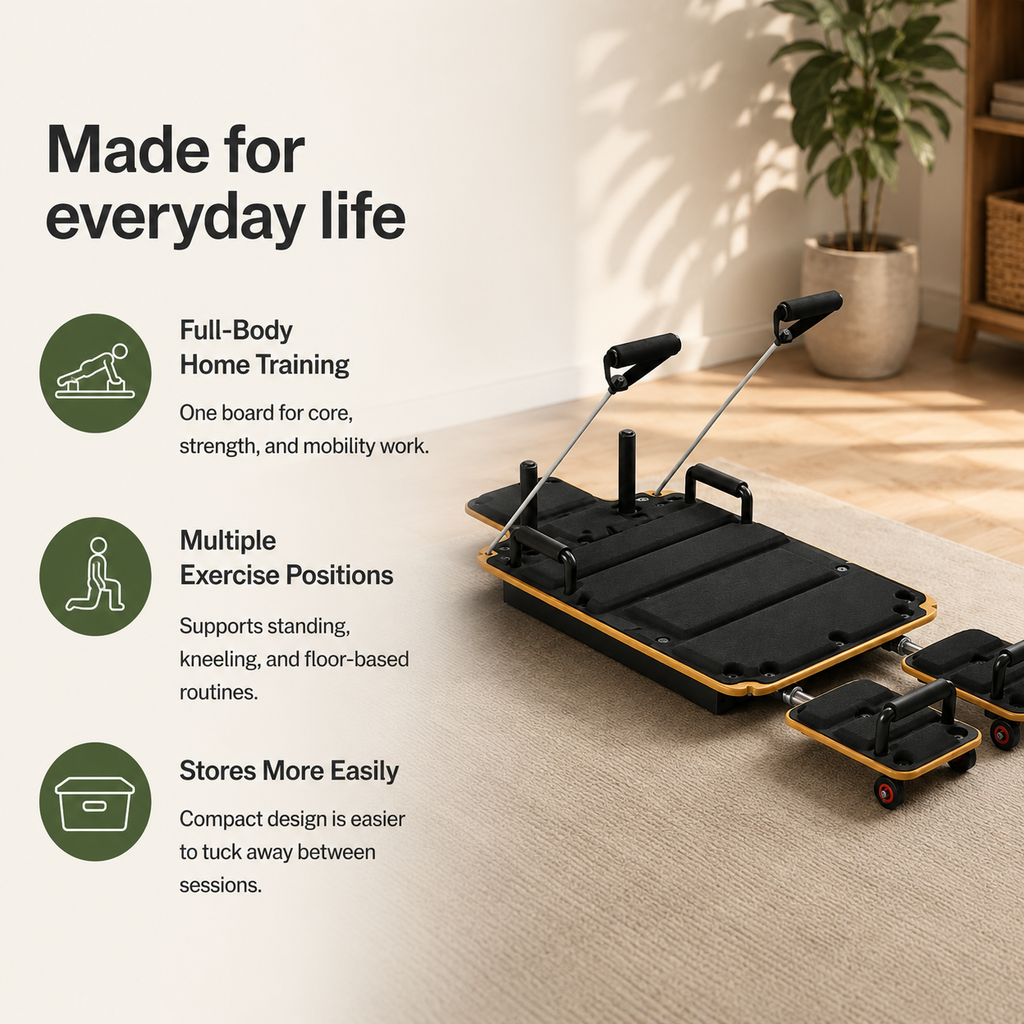 Pilates Reformer Board with Wooden Deck, Steel Sliding Rails, Dual Glide Foot Pads & 2 Adjustable Resistance Bands