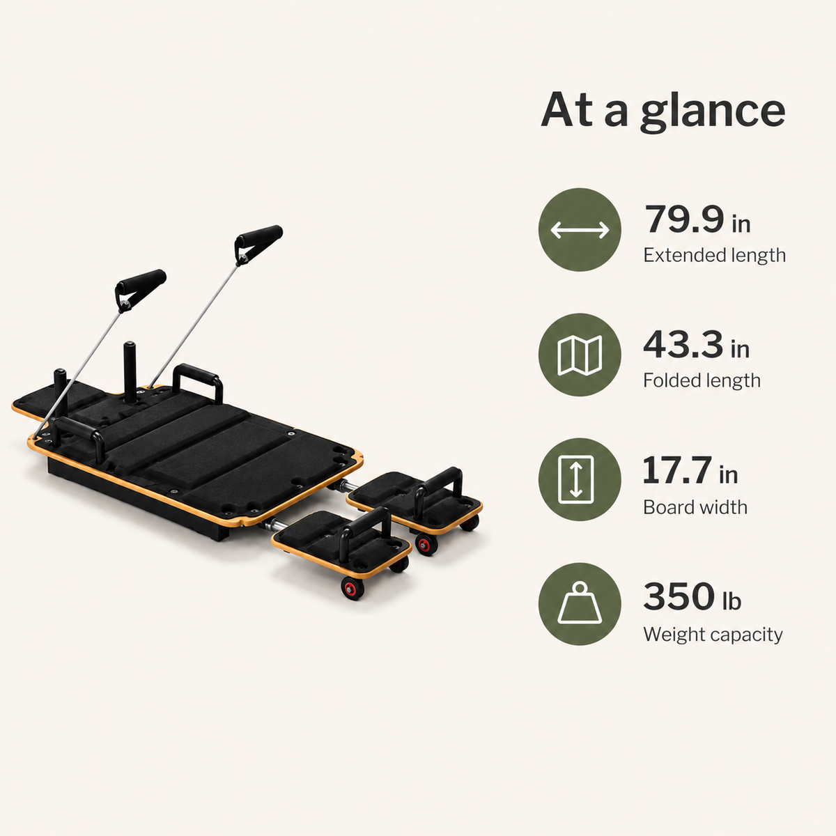 Pilates Reformer Board with Wooden Deck, Steel Sliding Rails, Dual Glide Foot Pads & 2 Adjustable Resistance Bands