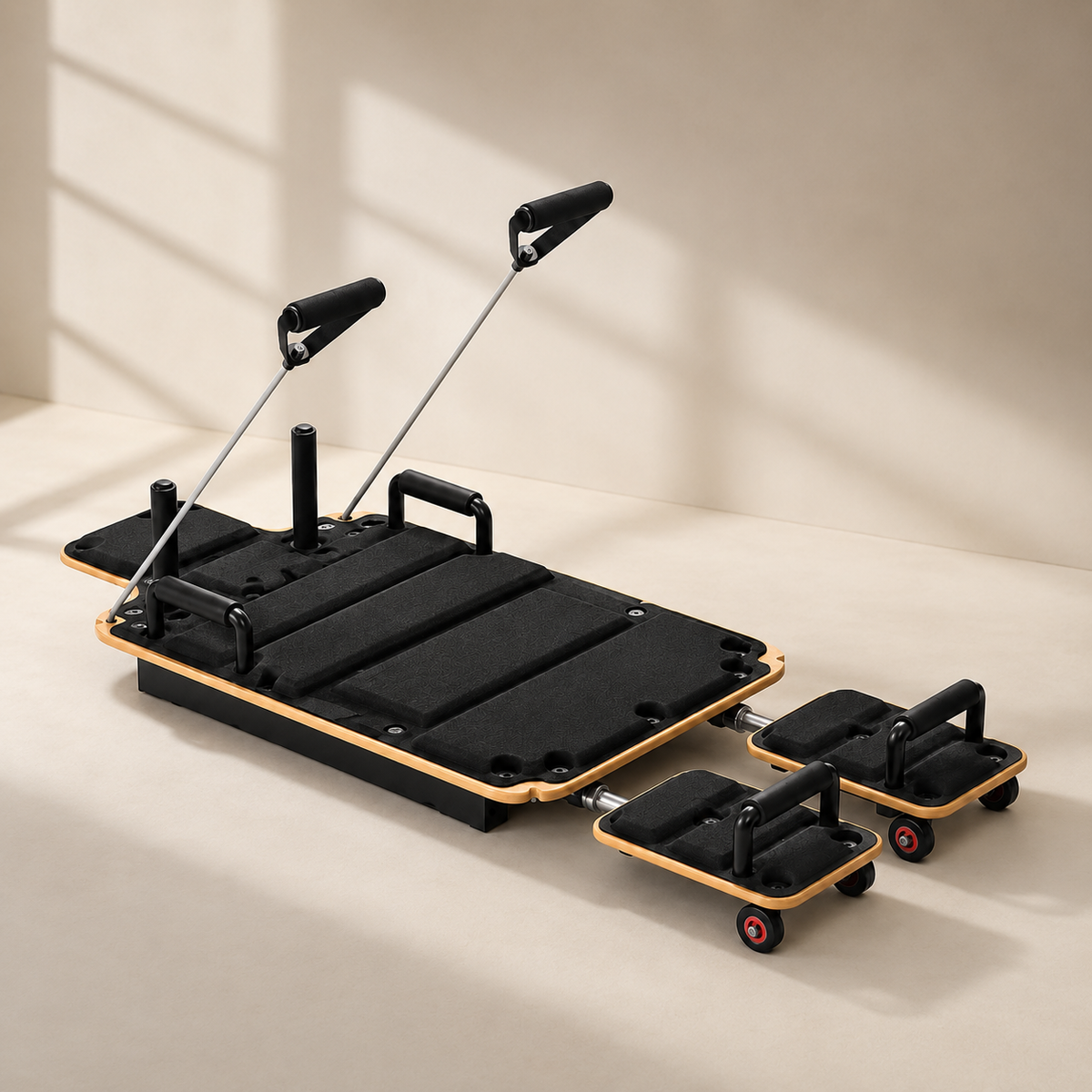 Pilates Reformer Board with Wooden Deck, Steel Sliding Rails, Dual Glide Foot Pads & 2 Adjustable Resistance Bands