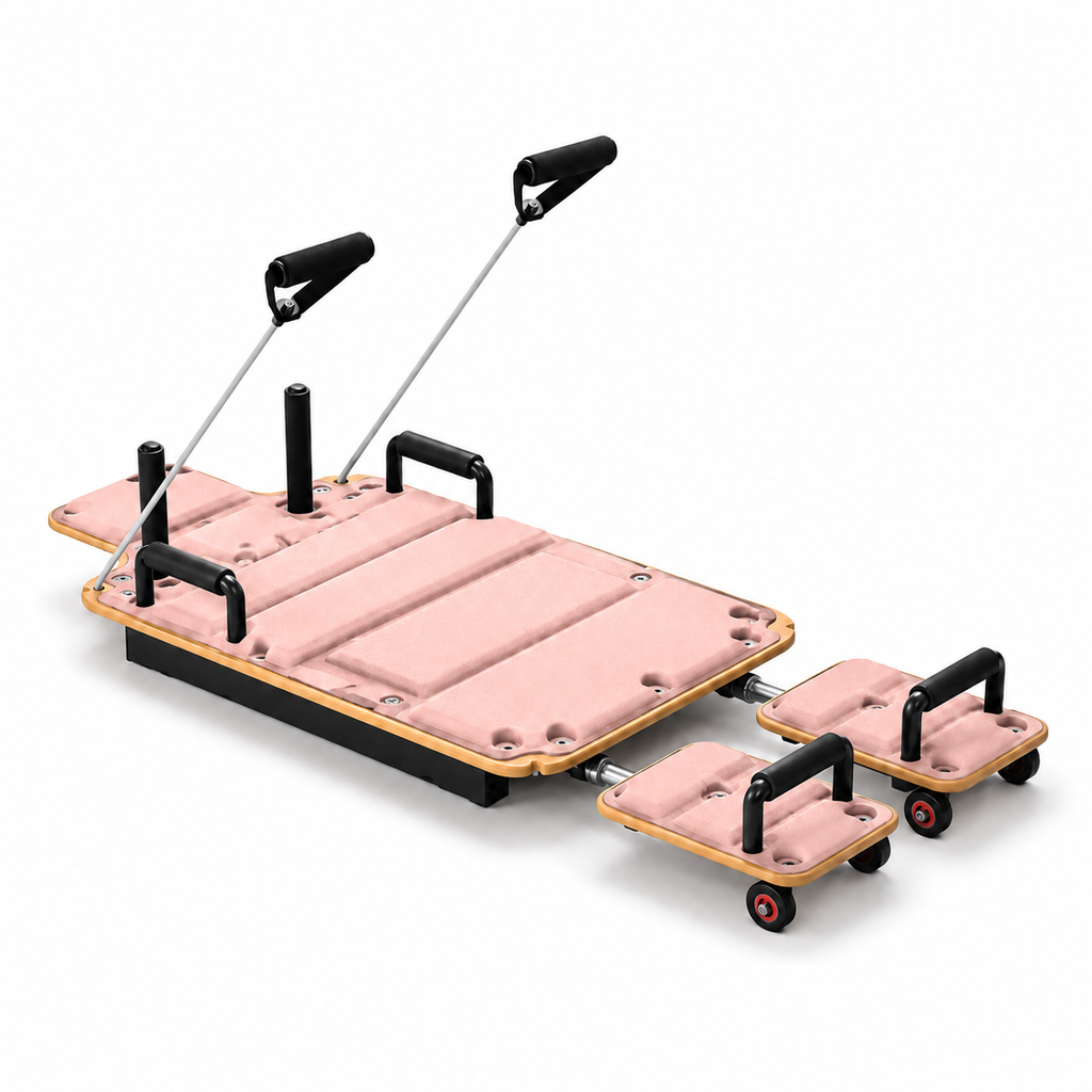Pilates Reformer Board with Wooden Deck, Steel Sliding Rails, Dual Glide Foot Pads & 2 Adjustable Resistance Bands