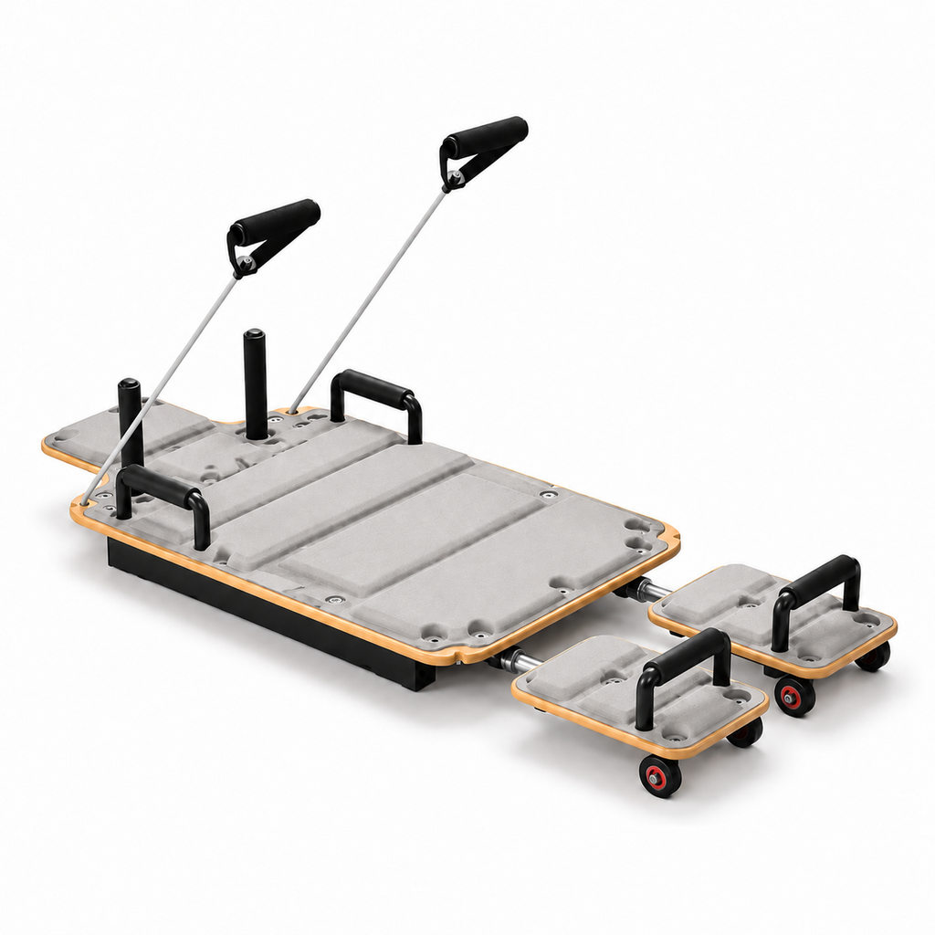 Pilates Reformer Board with Wooden Deck, Steel Sliding Rails, Dual Glide Foot Pads & 2 Adjustable Resistance Bands