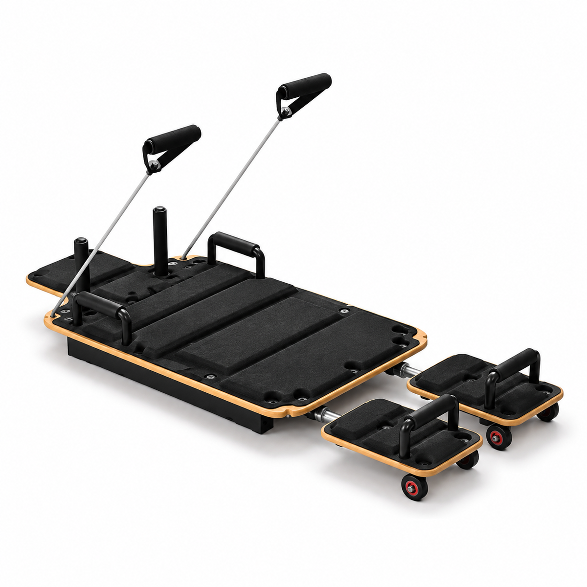 Pilates Reformer Board with Wooden Deck, Steel Sliding Rails, Dual Glide Foot Pads & 2 Adjustable Resistance Bands