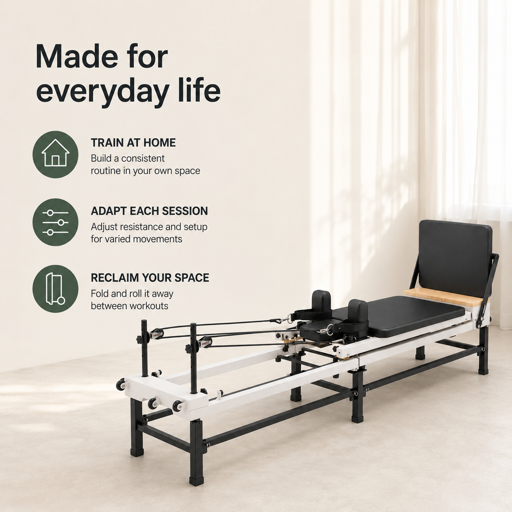 Pilates Reformer Machine with Jump Board, 86-Inch Foldable Frame, Adjustable Height and Spring Resistance