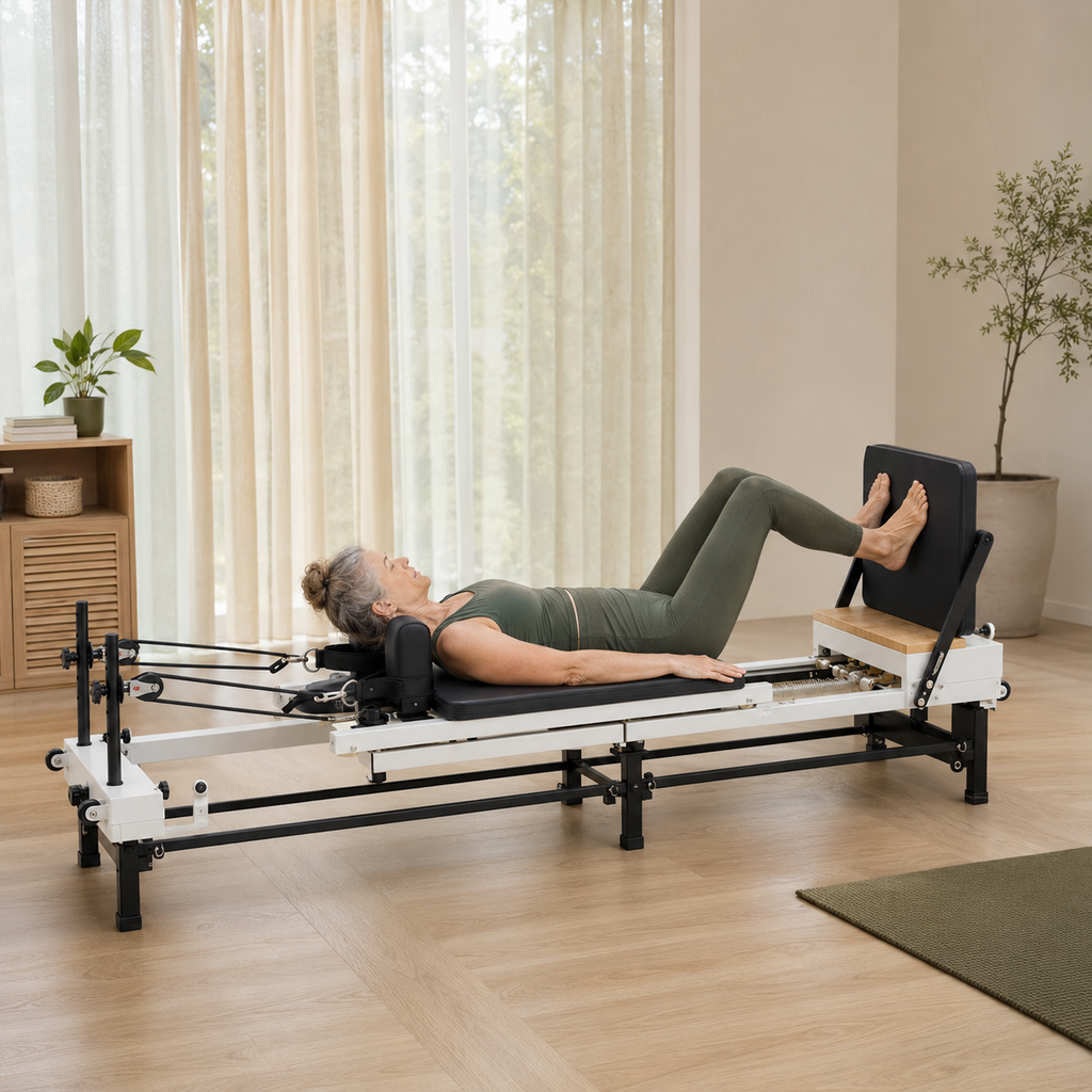 Pilates Reformer Machine with Jump Board, 86-Inch Foldable Frame, Adjustable Height and Spring Resistance