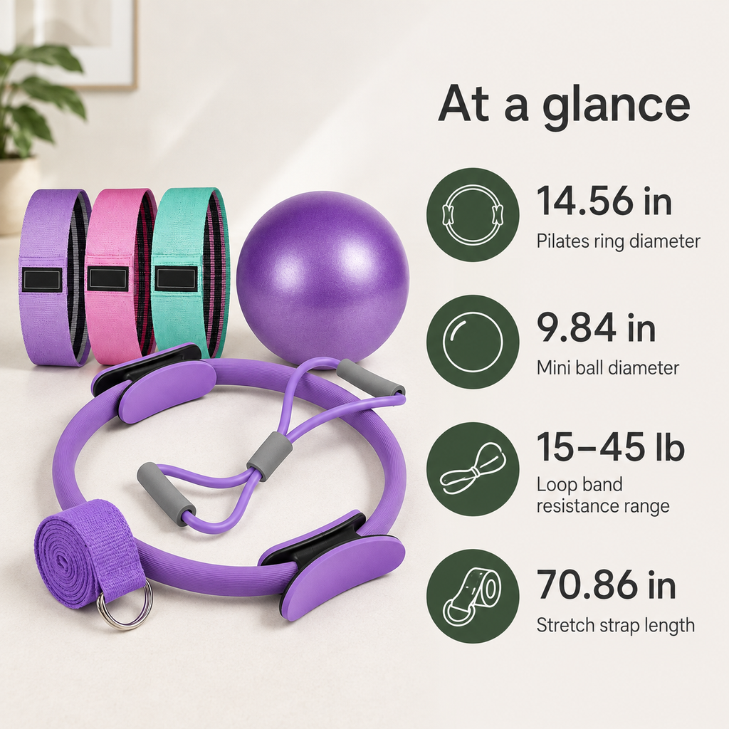 Pilates Ring Set with 9.8-Inch Mini Ball, 3 Resistance Bands, Figure-8 Tube & Stretch Strap for Home Workouts