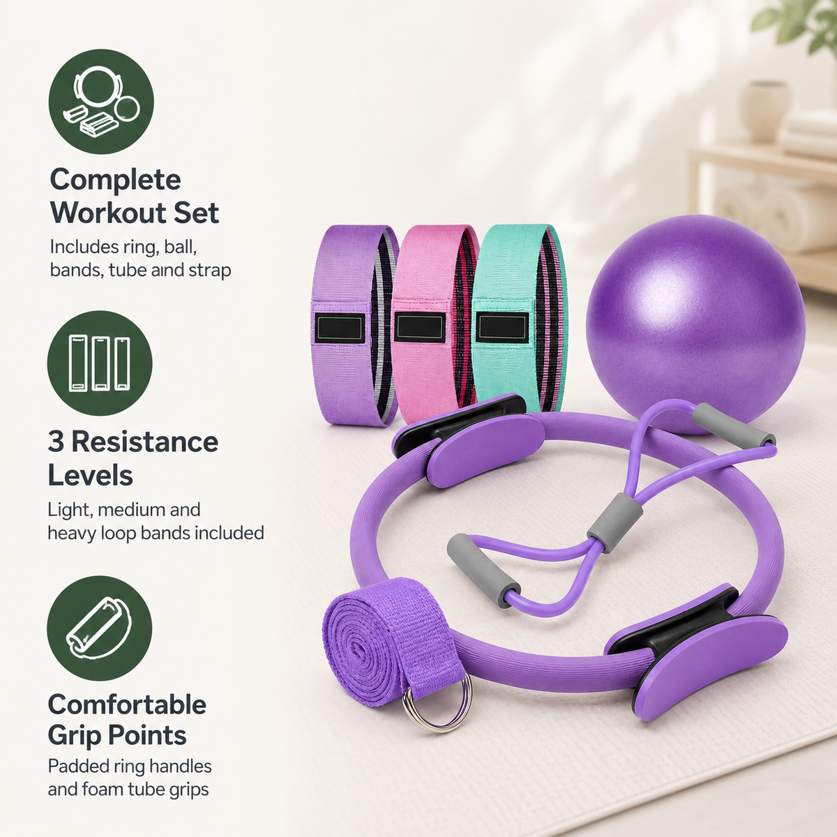 Pilates Ring Set with 9.8-Inch Mini Ball, 3 Resistance Bands, Figure-8 Tube & Stretch Strap for Home Workouts