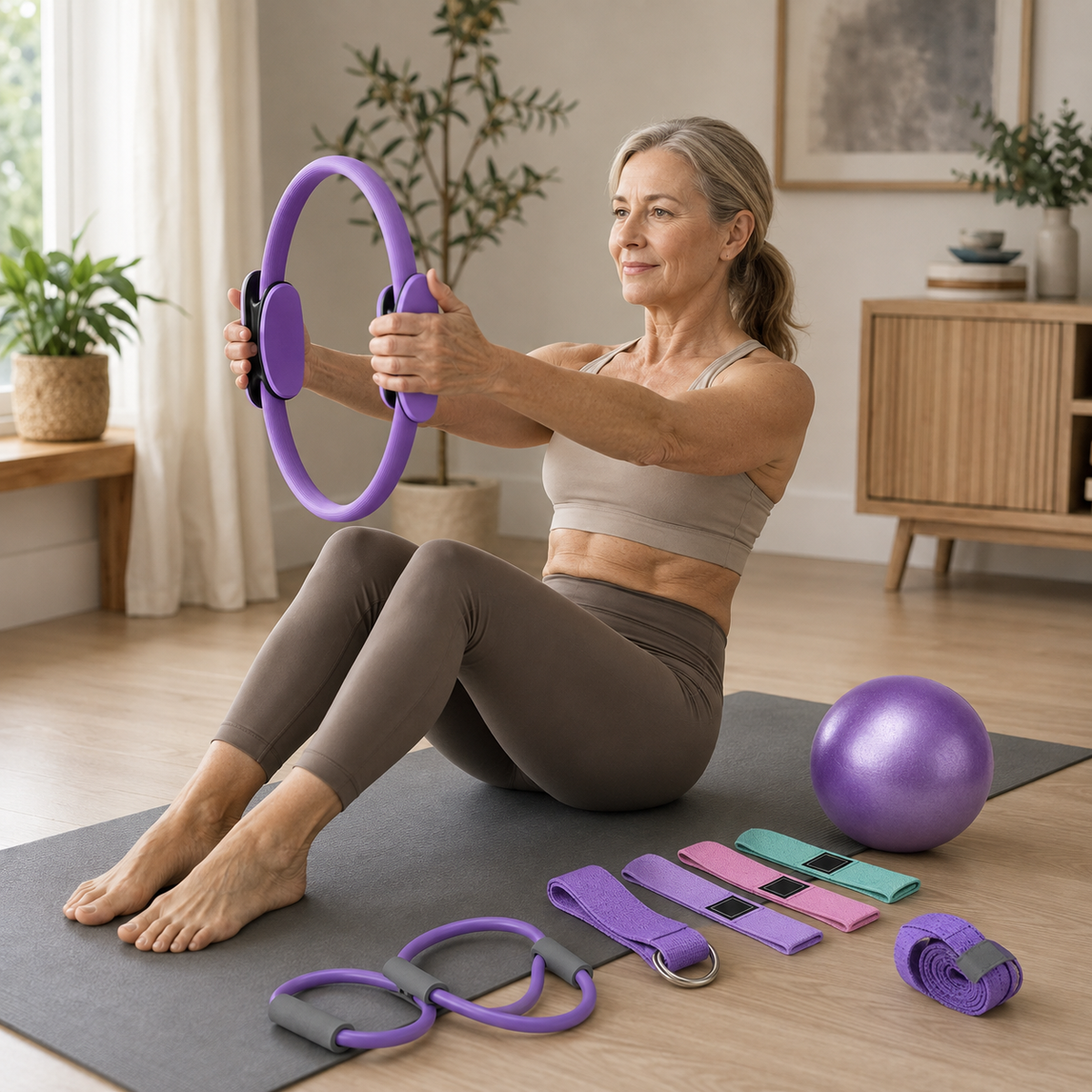 Pilates Ring Set with 9.8-Inch Mini Ball, 3 Resistance Bands, Figure-8 Tube & Stretch Strap for Home Workouts
