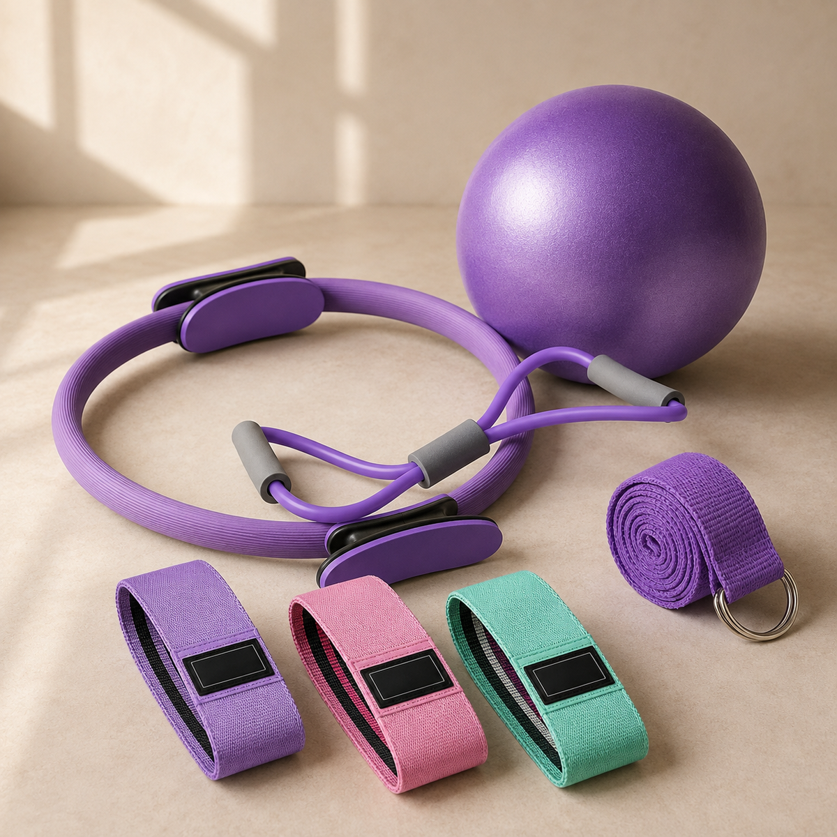 Pilates Ring Set with 9.8-Inch Mini Ball, 3 Resistance Bands, Figure-8 Tube & Stretch Strap for Home Workouts