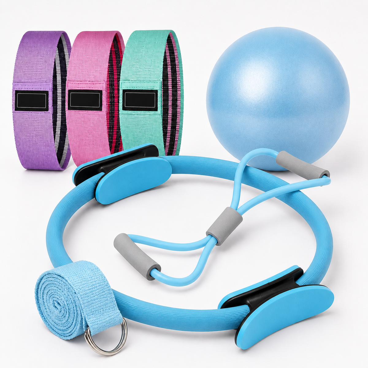 Pilates Ring Set with 9.8-Inch Mini Ball, 3 Resistance Bands, Figure-8 Tube & Stretch Strap for Home Workouts