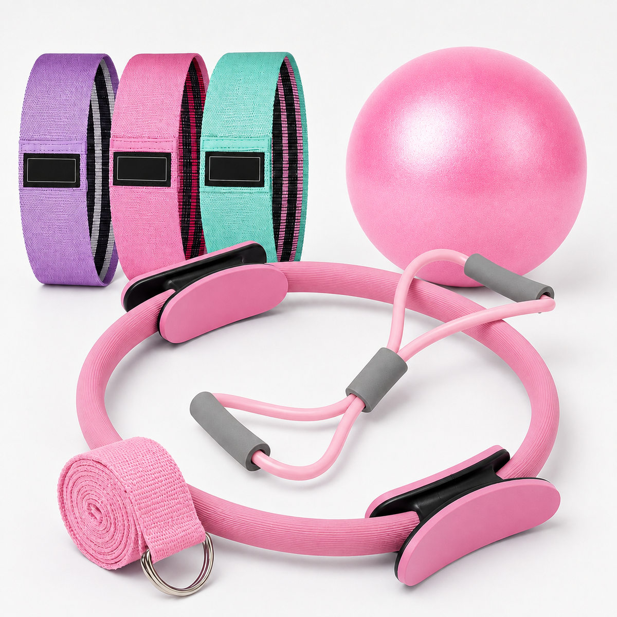 Pilates Ring Set with 9.8-Inch Mini Ball, 3 Resistance Bands, Figure-8 Tube & Stretch Strap for Home Workouts