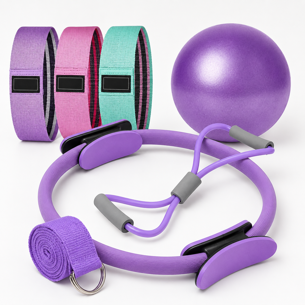 Pilates Ring Set with 9.8-Inch Mini Ball, 3 Resistance Bands, Figure-8 Tube & Stretch Strap for Home Workouts