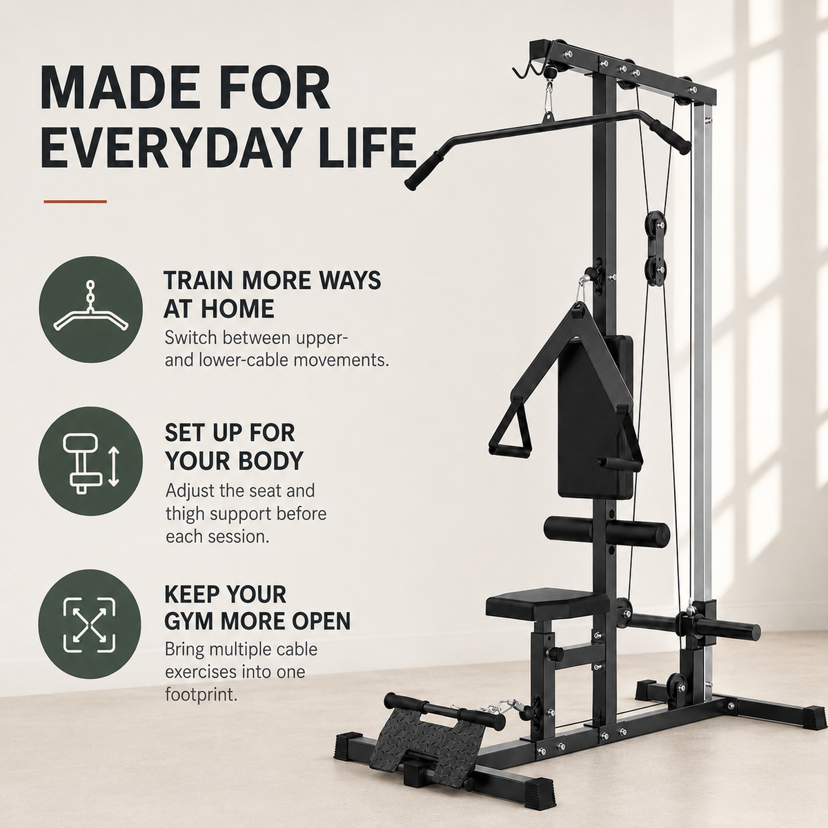 Plate-Loaded Lat Pulldown & Low Row Machine with High/Low Pulley System, Adjustable Seat and Footplate