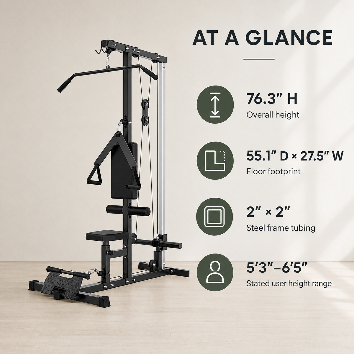 Plate-Loaded Lat Pulldown & Low Row Machine with High/Low Pulley System, Adjustable Seat and Footplate