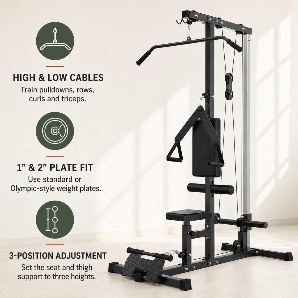 Plate-Loaded Lat Pulldown & Low Row Machine with High/Low Pulley System, Adjustable Seat and Footplate