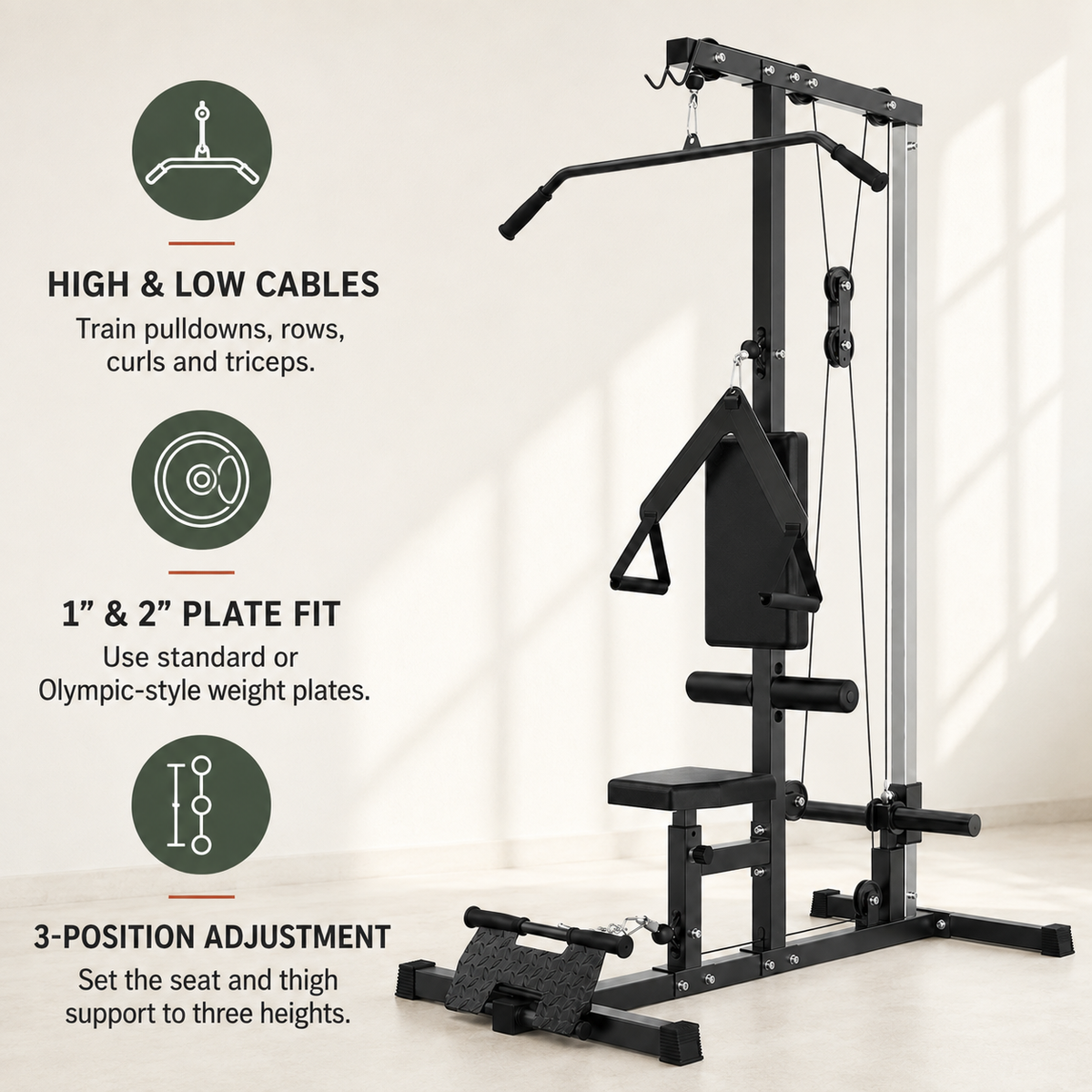 Plate-Loaded Lat Pulldown & Low Row Machine with High/Low Pulley System, Adjustable Seat and Footplate