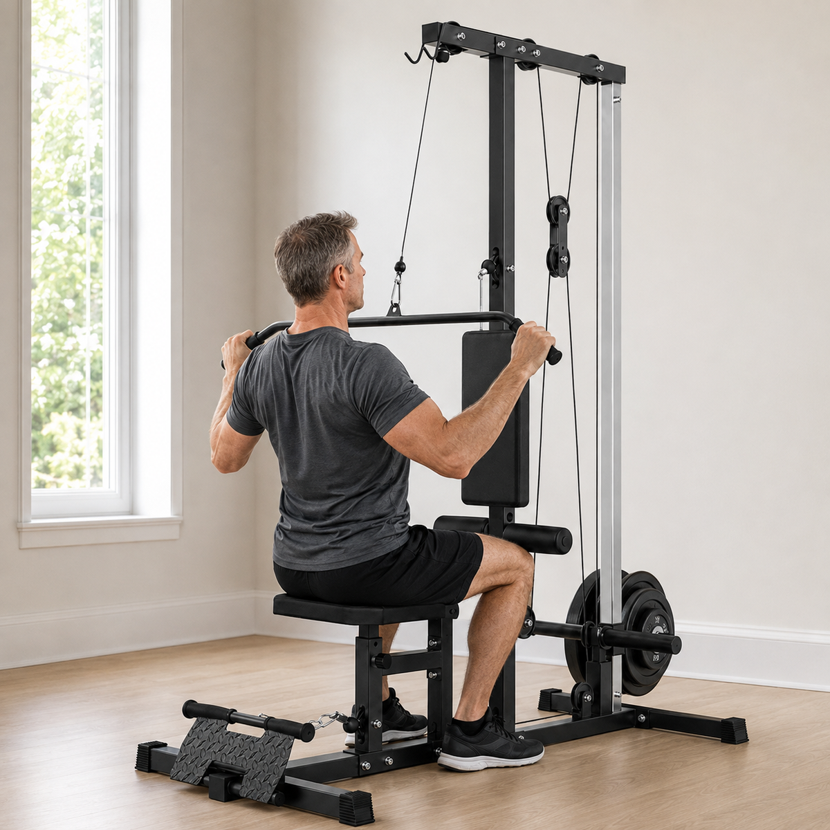 Plate-Loaded Lat Pulldown & Low Row Machine with High/Low Pulley System, Adjustable Seat and Footplate