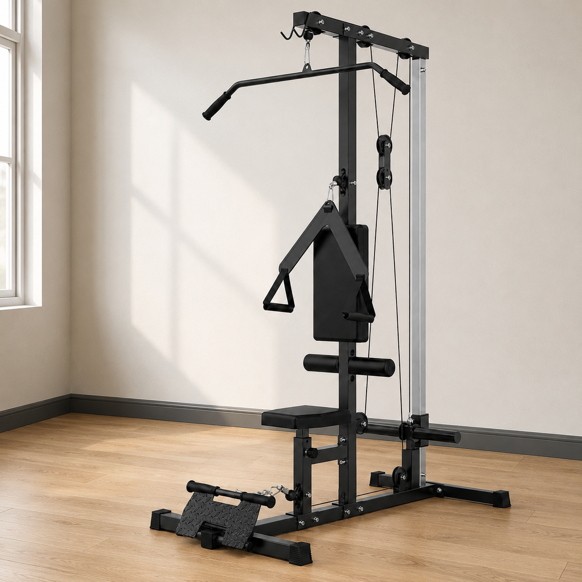 Plate-Loaded Lat Pulldown & Low Row Machine with High/Low Pulley System, Adjustable Seat and Footplate