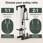Plate-Loaded Wall-Mounted Cable Machine with 17 Positions, 1:1 and 2:1 Pulley Ratios, 300 lb Capacity and Removable Row Footplates