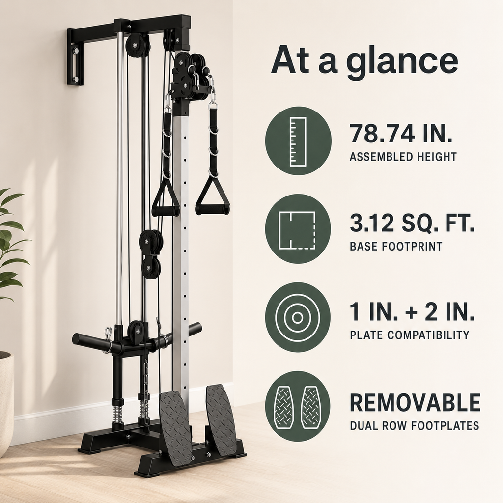 Plate-Loaded Wall-Mounted Cable Machine with 17 Positions, 1:1 and 2:1 Pulley Ratios, 300 lb Capacity and Removable Row Footplates