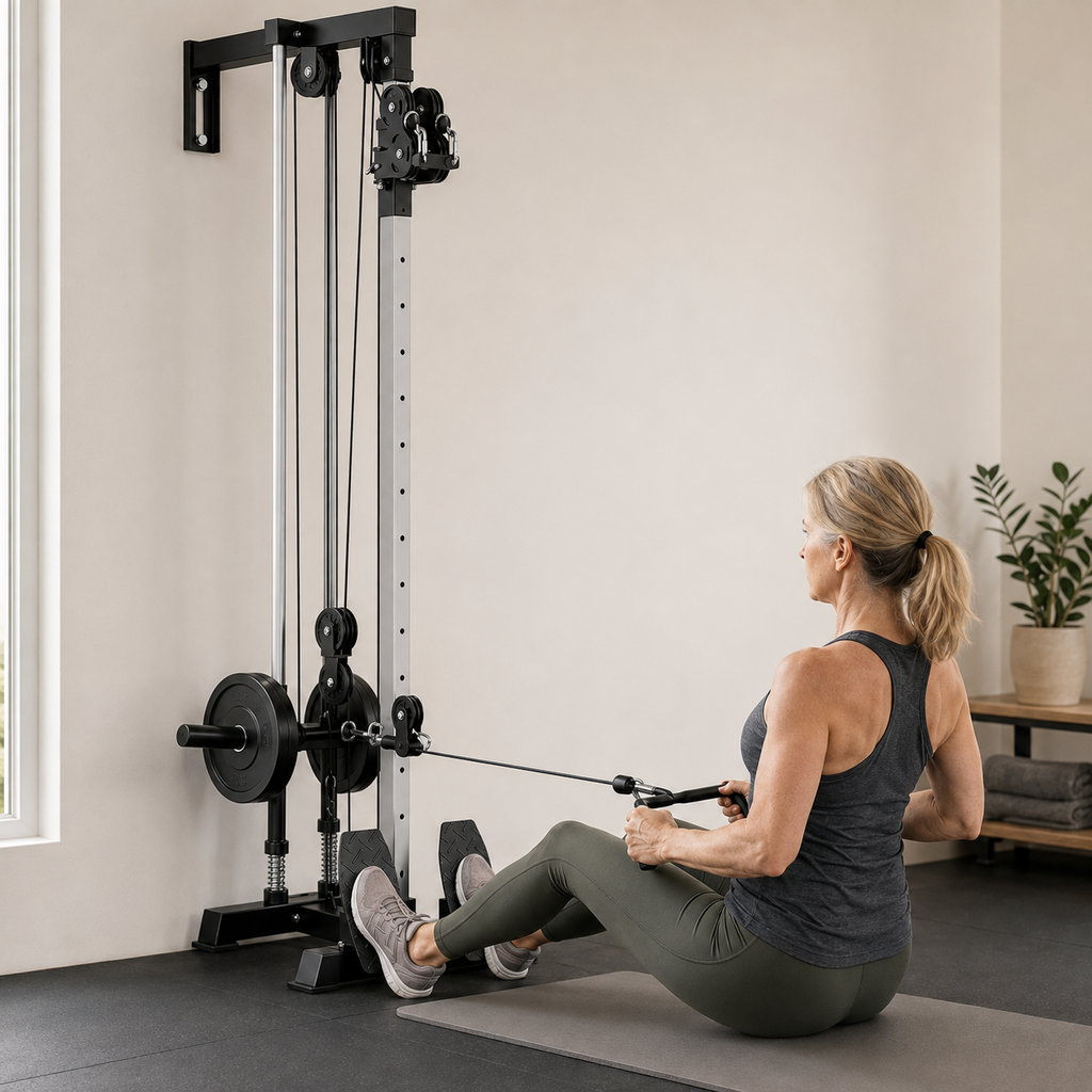 Plate-Loaded Wall-Mounted Cable Machine with 17 Positions, 1:1 and 2:1 Pulley Ratios, 300 lb Capacity and Removable Row Footplates