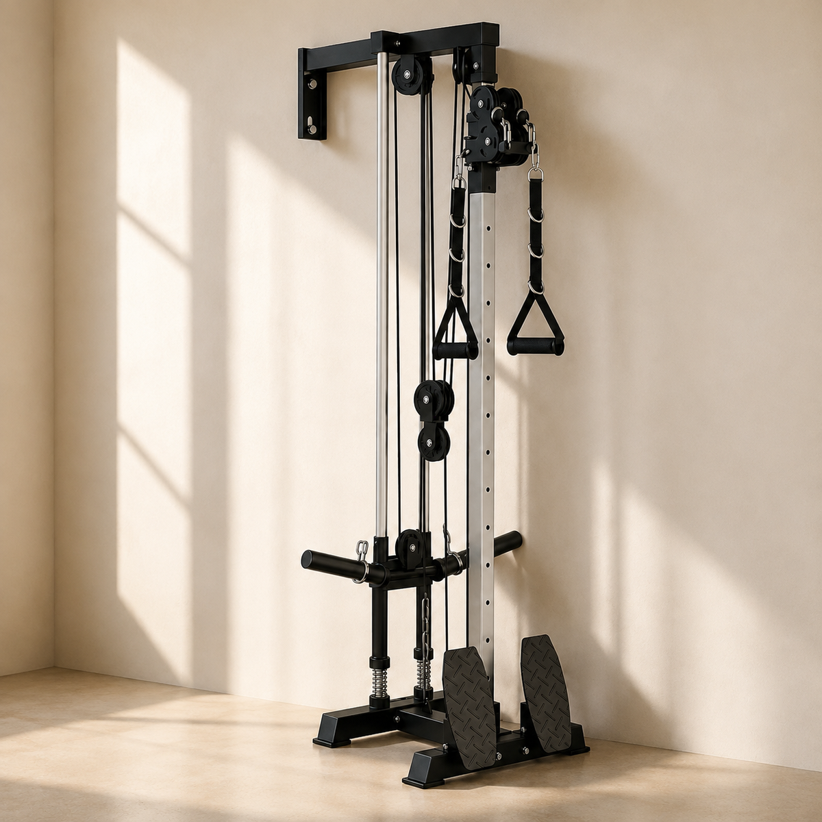 Plate-Loaded Wall-Mounted Cable Machine with 17 Positions, 1:1 and 2:1 Pulley Ratios, 300 lb Capacity and Removable Row Footplates