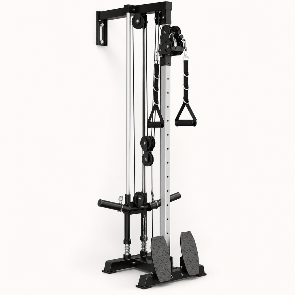 Plate-Loaded Wall-Mounted Cable Machine with 17 Positions, 1:1 and 2:1 Pulley Ratios, 300 lb Capacity and Removable Row Footplates