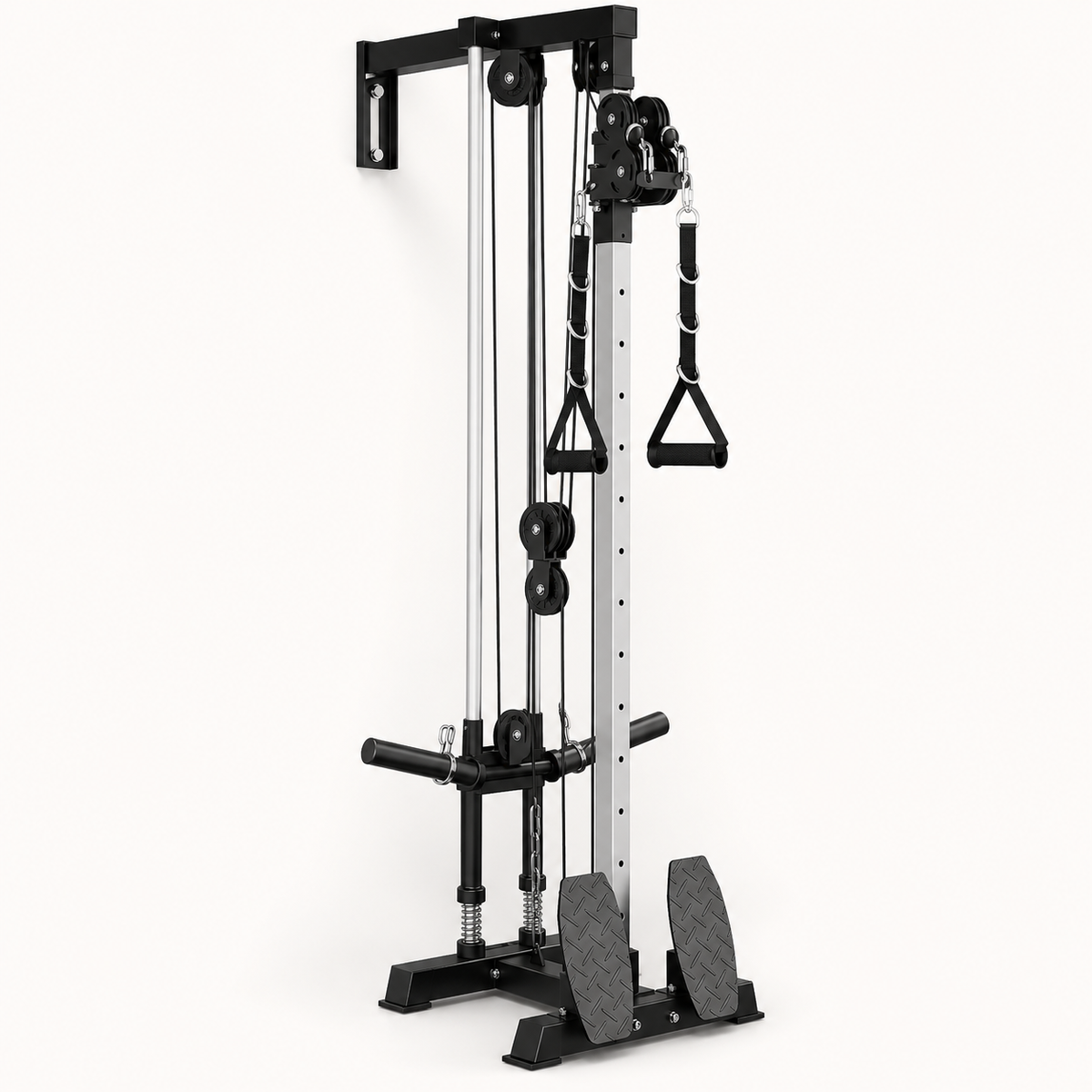 Plate-Loaded Wall-Mounted Cable Machine with 17 Positions, 1:1 and 2:1 Pulley Ratios, 300 lb Capacity and Removable Row Footplates