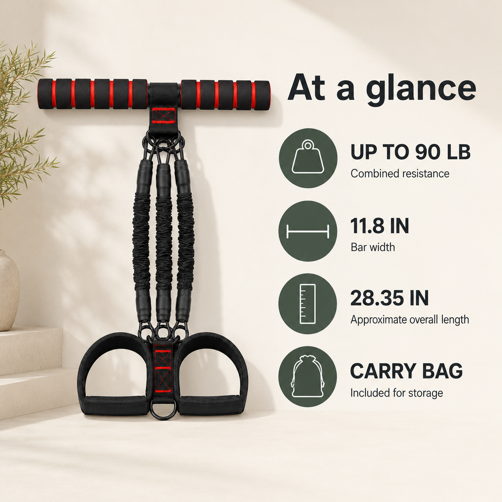 Portable Resistance Band Workout Set with Foam Bar, Up to 90 lb Resistance, Foot Straps and Carry Bag