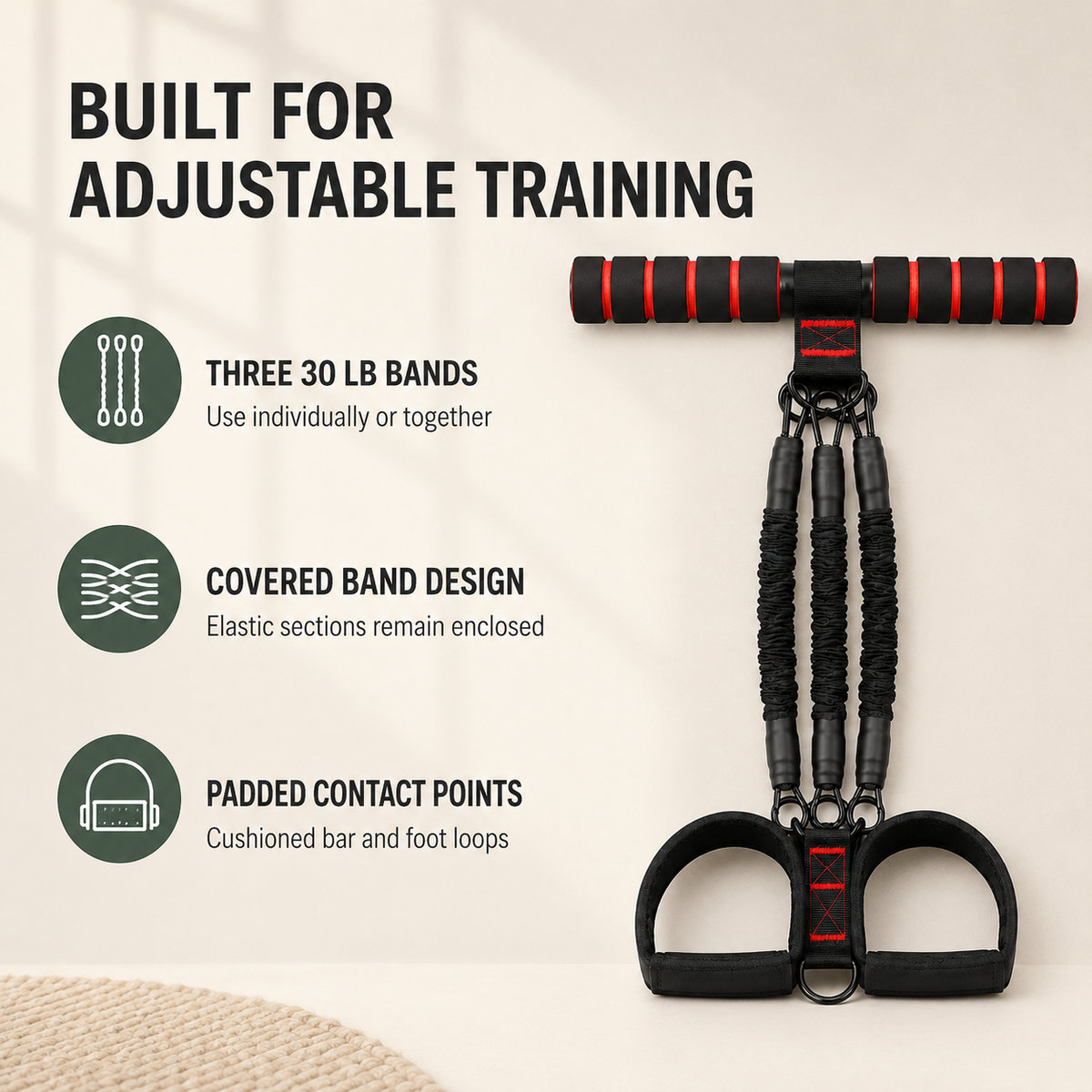 Portable Resistance Band Workout Set with Foam Bar, Up to 90 lb Resistance, Foot Straps and Carry Bag