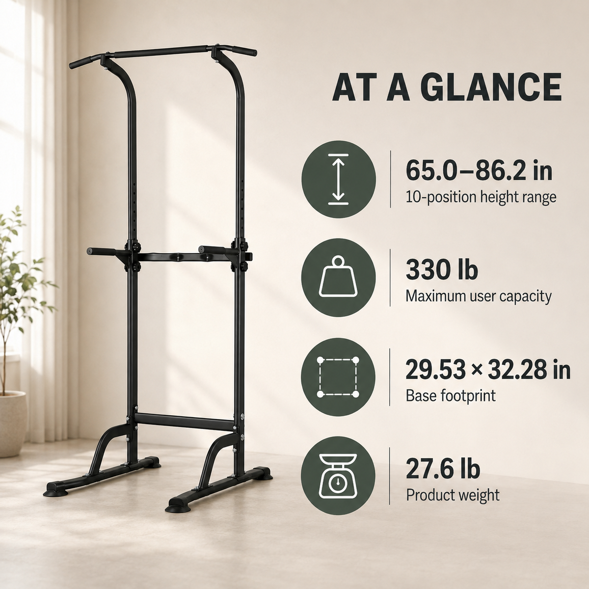 Power Tower Pull-Up and Dip Station with 10-Level Adjustable Height and 330 lb Capacity for Home Gyms