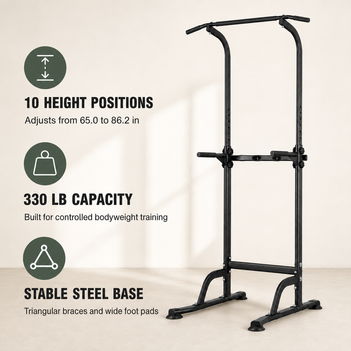 Power Tower Pull-Up and Dip Station with 10-Level Adjustable Height and 330 lb Capacity for Home Gyms