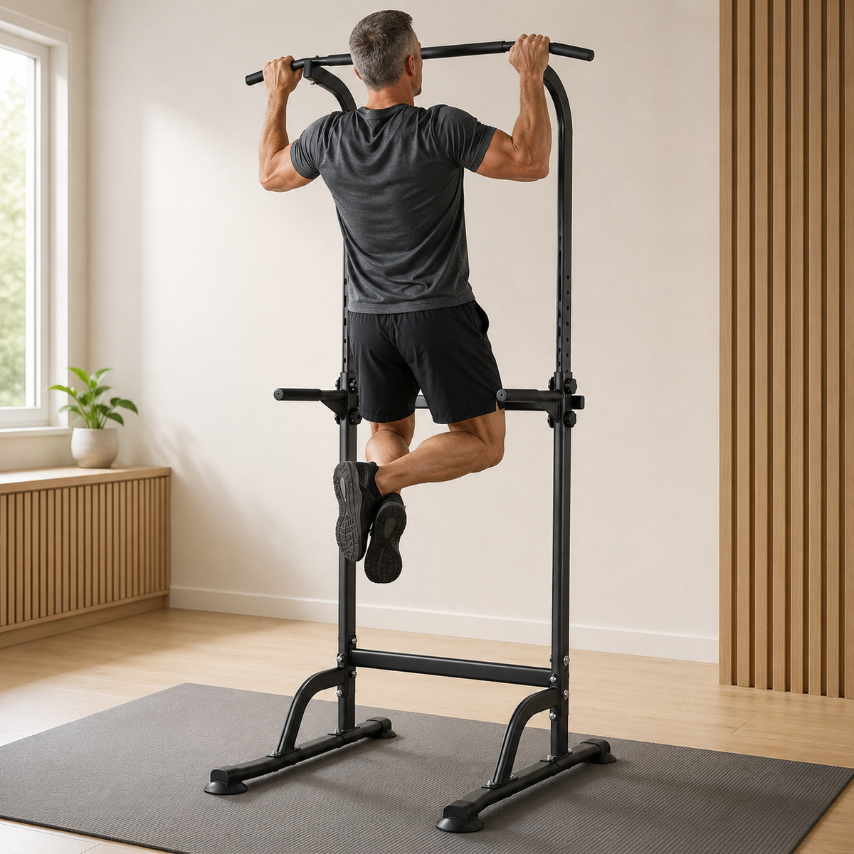 Power Tower Pull-Up and Dip Station with 10-Level Adjustable Height and 330 lb Capacity for Home Gyms