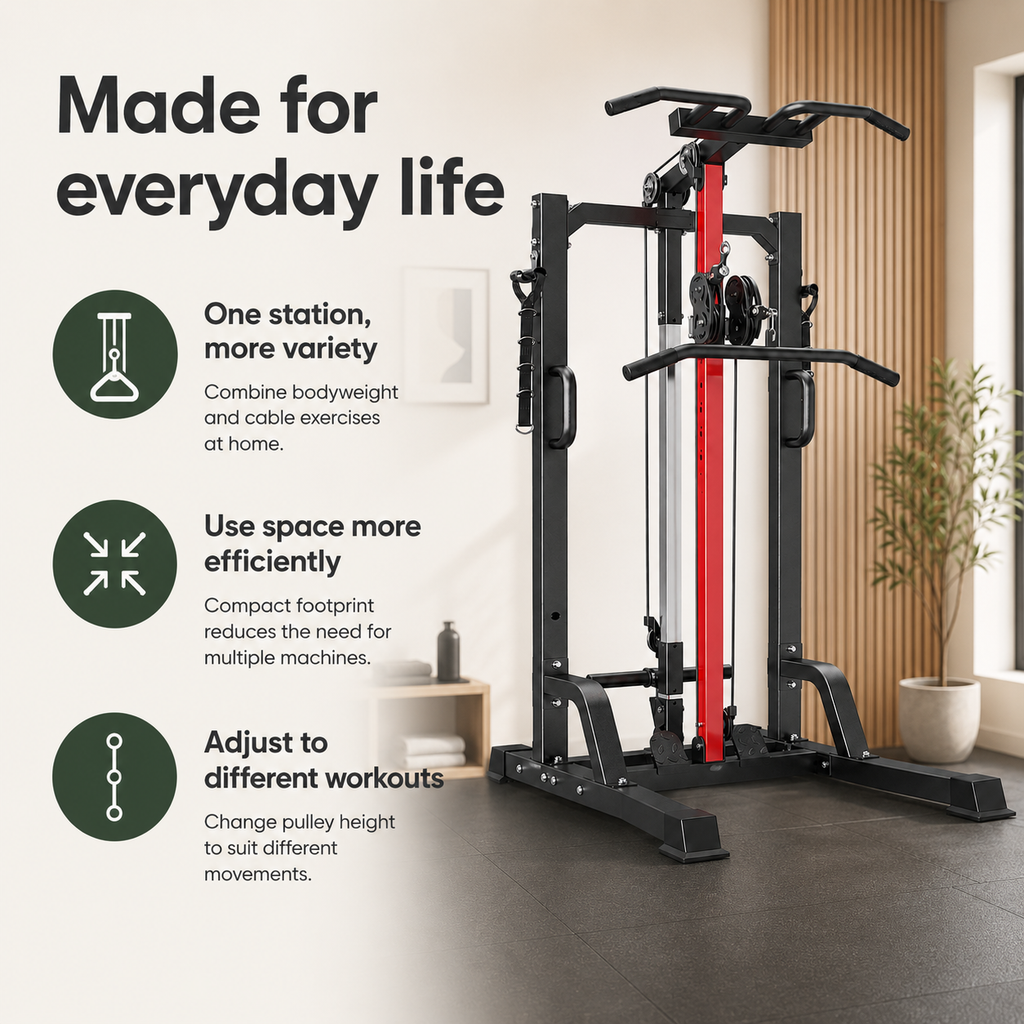 Power Tower with Cable Machine, Pull-Up Bar & Dip Station, 450 lb Max Load & 16-Position Adjustable Pulley
