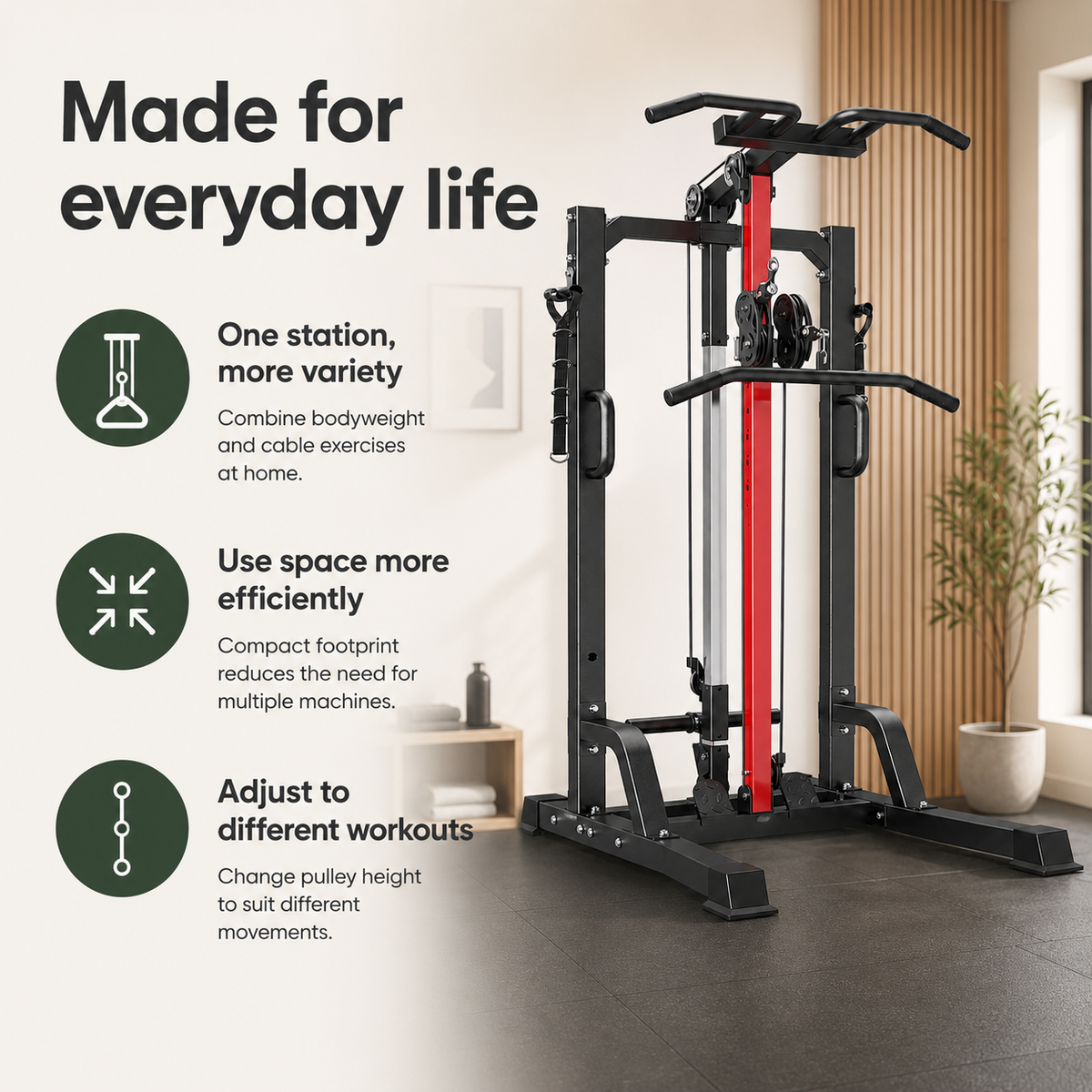 Power Tower with Cable Machine, Pull-Up Bar & Dip Station, 450 lb Max Load & 16-Position Adjustable Pulley