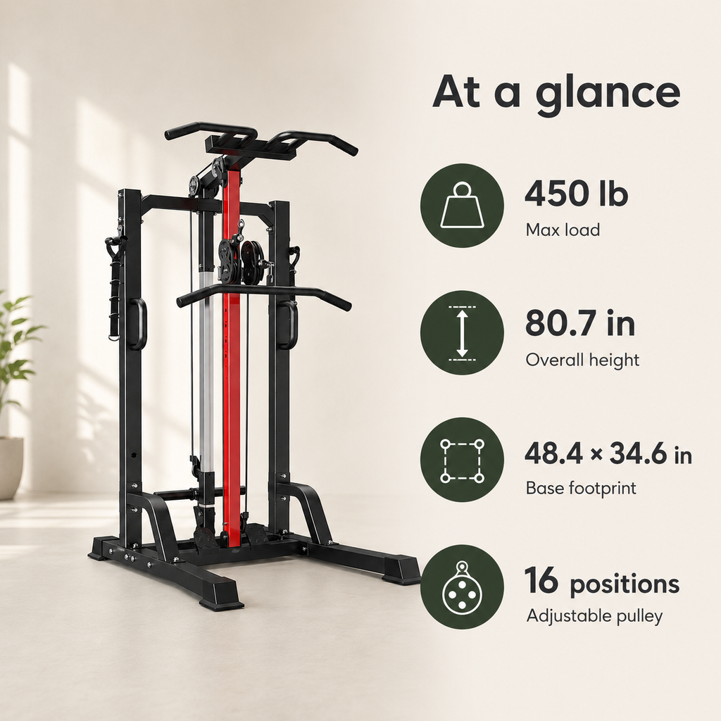 Power Tower with Cable Machine, Pull-Up Bar & Dip Station, 450 lb Max Load & 16-Position Adjustable Pulley