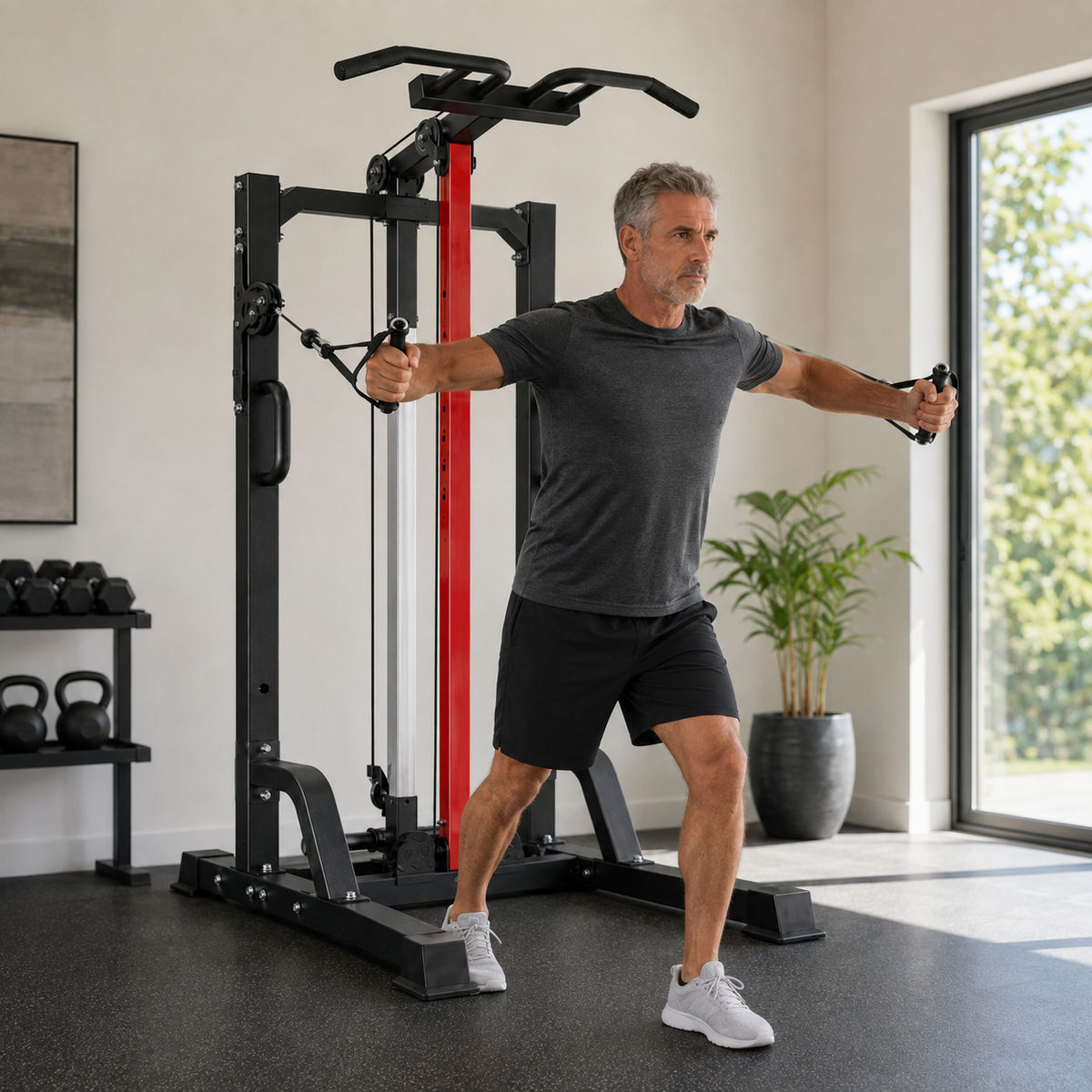 Power Tower with Cable Machine, Pull-Up Bar & Dip Station, 450 lb Max Load & 16-Position Adjustable Pulley