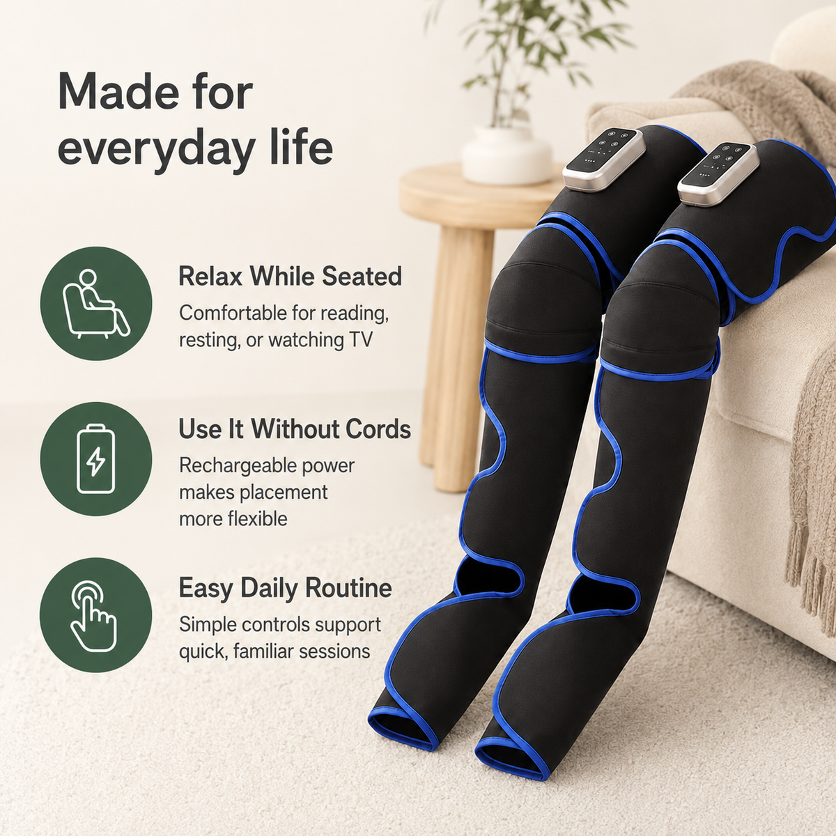Rechargeable Air Compression Leg Massager with Heat, 3 Modes & 3 Intensities for Thighs, Calves & Feet