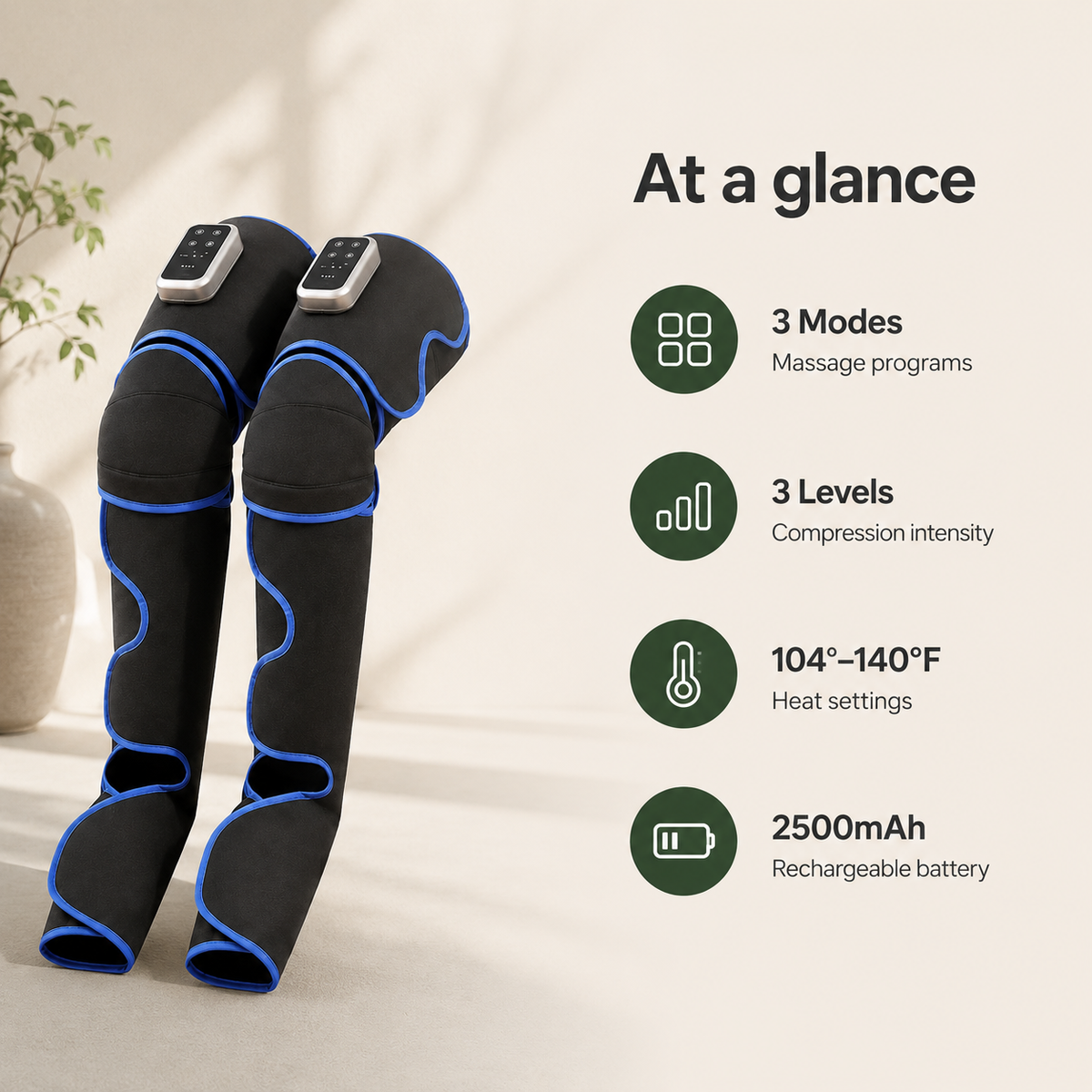 Rechargeable Air Compression Leg Massager with Heat, 3 Modes & 3 Intensities for Thighs, Calves & Feet