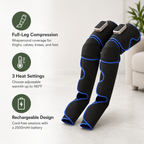 Rechargeable Air Compression Leg Massager with Heat, 3 Modes & 3 Intensities for Thighs, Calves & Feet