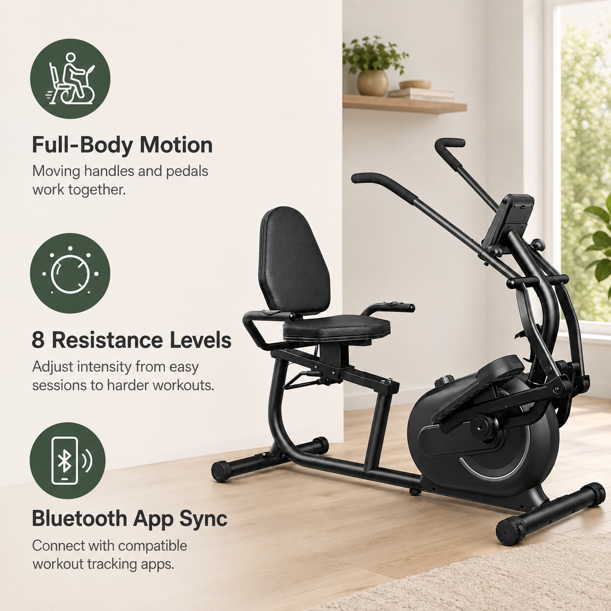 Recumbent Cross Trainer Elliptical with Arm Exerciser, 8-Level Magnetic Resistance, Bluetooth App Connectivity & 300 lb Capacity