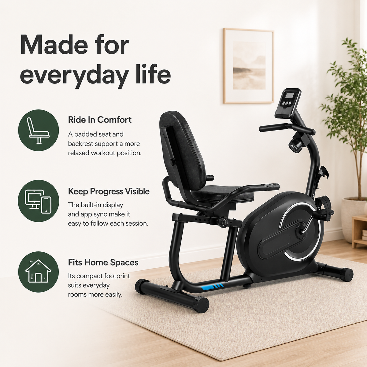 Recumbent Exercise Bike for Home with Bluetooth App, 8-Level Resistance, Heart Rate Monitor & 300 lb Capacity