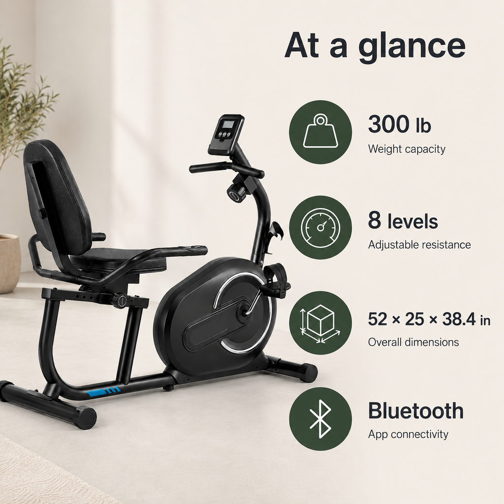 Recumbent Exercise Bike for Home with Bluetooth App, 8-Level Resistance, Heart Rate Monitor & 300 lb Capacity