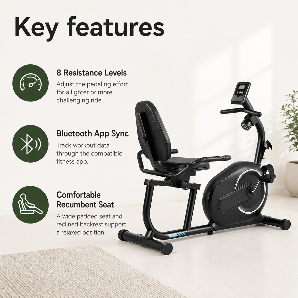 Recumbent Exercise Bike for Home with Bluetooth App, 8-Level Resistance, Heart Rate Monitor & 300 lb Capacity