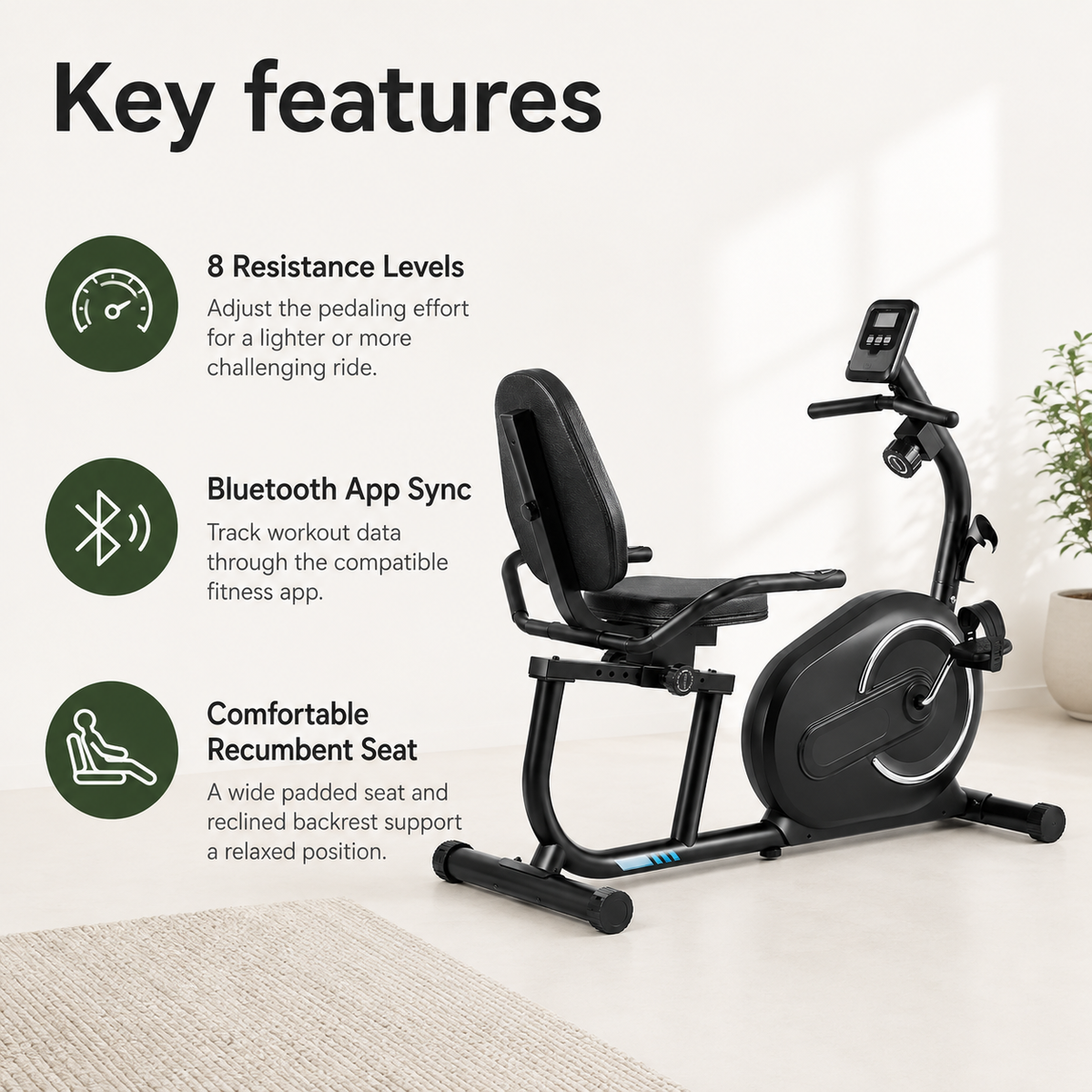 Recumbent Exercise Bike for Home with Bluetooth App, 8-Level Resistance, Heart Rate Monitor & 300 lb Capacity
