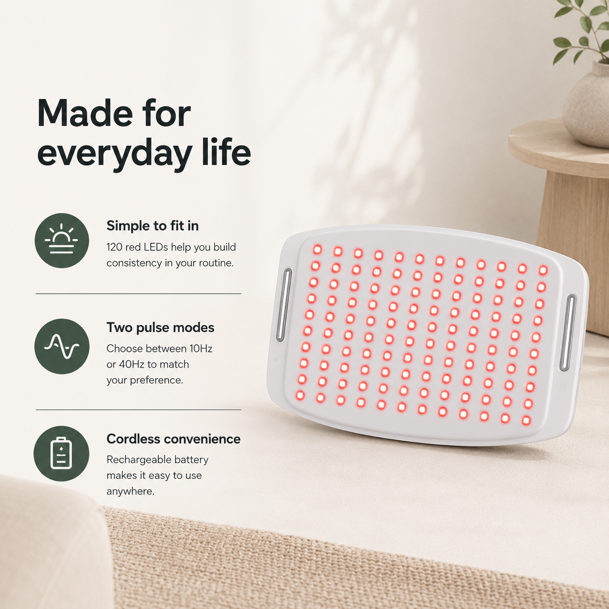 Red Light Therapy Pad with 120 Triple-Chip LEDs, 660nm and 850nm Light, 10/40Hz Pulse Modes and Adjustable Body Strap