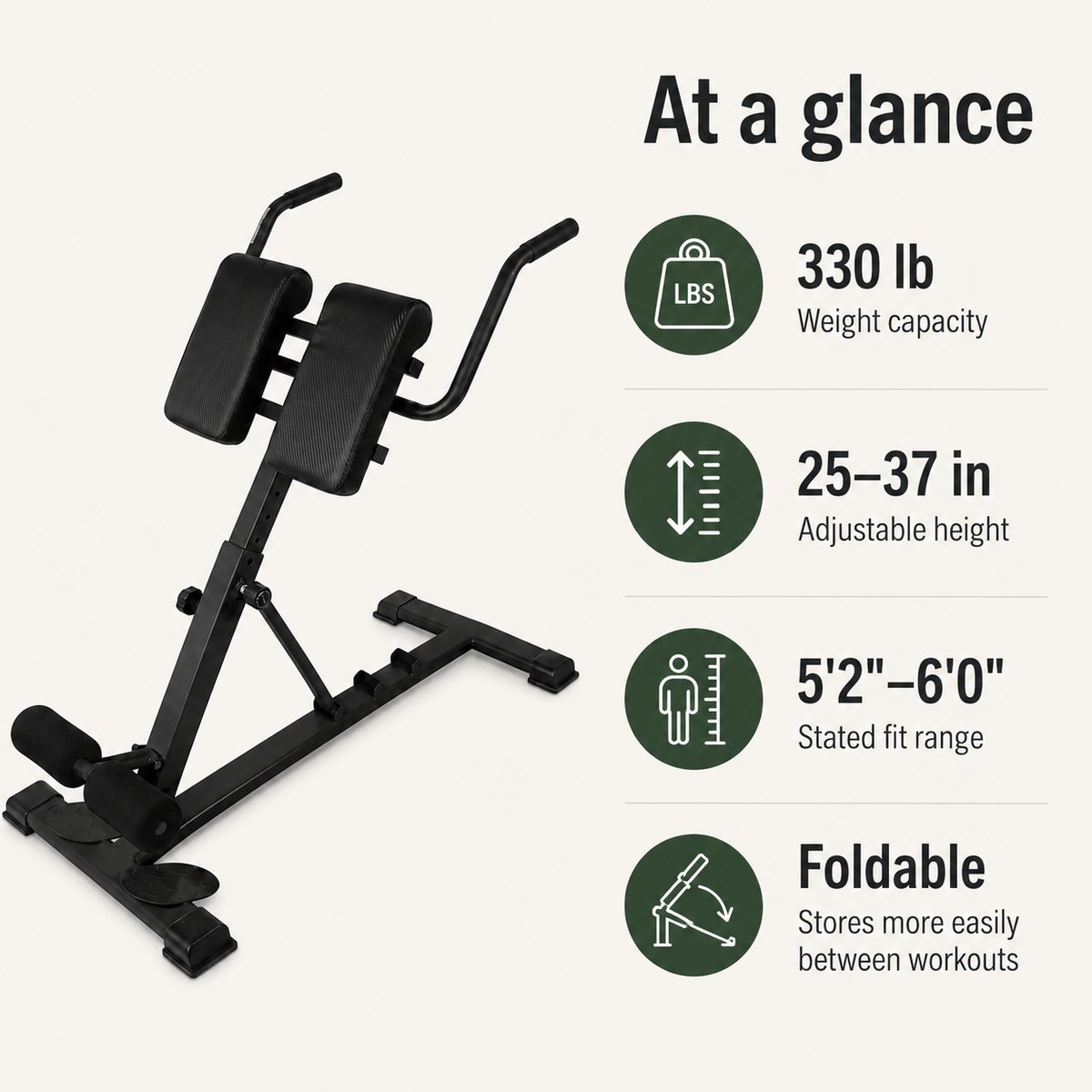 Roman Chair Back Extension Machine with 25–37 in Adjustable Height, Foldable Hyperextension Bench for Home Gym, 330 lb Capacity
