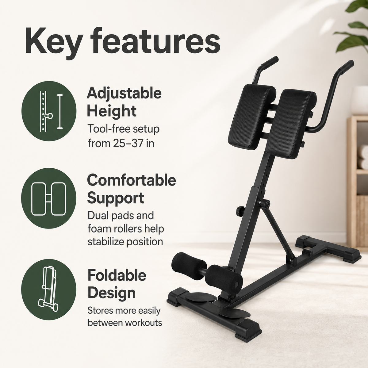 Roman Chair Back Extension Machine with 25–37 in Adjustable Height, Foldable Hyperextension Bench for Home Gym, 330 lb Capacity
